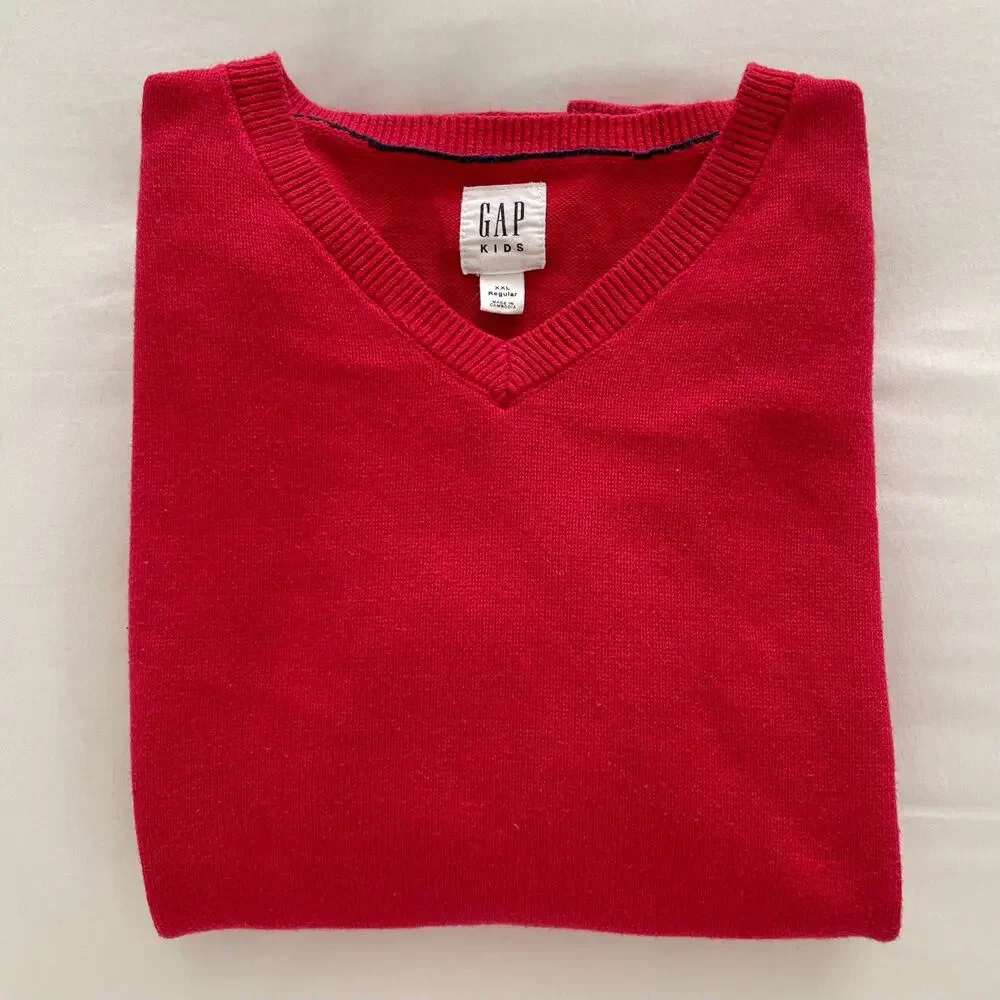 Gap Kids Boys Red Knit Sweater V-Neck Cotton Longsleeve Everyday Size XXL 14-16